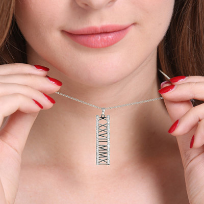 Roman Numeral Vertical Necklace With Birthstones Sterling Silver - The Name Jewellery™