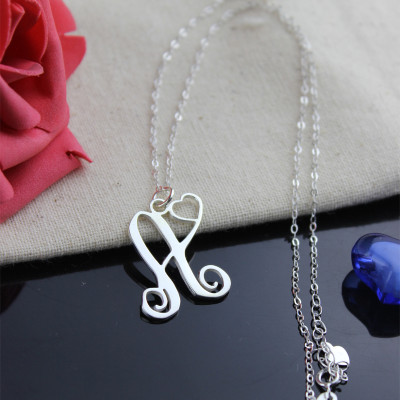 Custom One Initial With Heart Monogram Necklace Solid 18ct White Gold - The Name Jewellery™