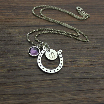 Horseshoe Good Luck Necklace with Initial  Birthstone Charm - The Name Jewellery™