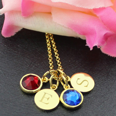 Custom Double Discs Initial Necklace with Birthstones In Gold - The Name Jewellery™