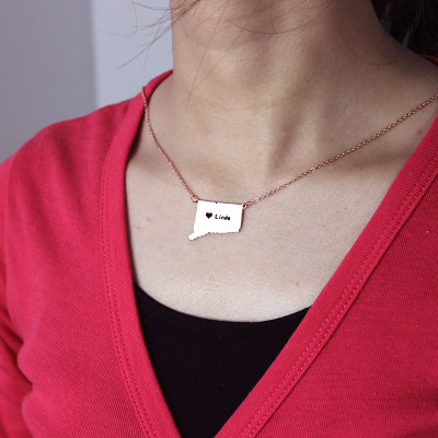 Connecticut Connecticut State Shaped Necklaces With Heart  Name Rose Gold - The Name Jewellery™