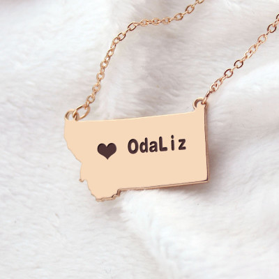Custom Montana State Shaped Necklaces With Heart  Name Rose Gold - The Name Jewellery™