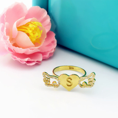 Angel Wings Heart Ring with Birthstone  Initial 18ct Gold Plated - The Name Jewellery™
