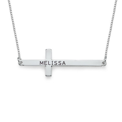 Engraved Silver Sideways Cross Necklace - The Name Jewellery™