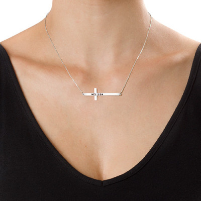 Engraved Silver Sideways Cross Necklace - The Name Jewellery™
