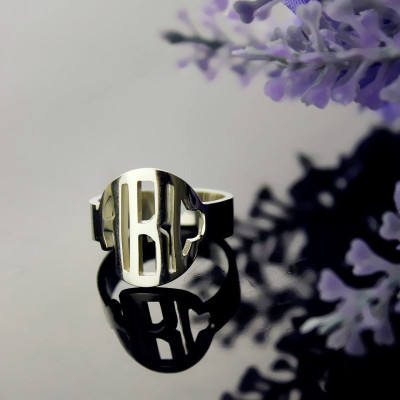 Circle Block Monogram 3 Initials Ring Solid White Gold Ring - The Name Jewellery™