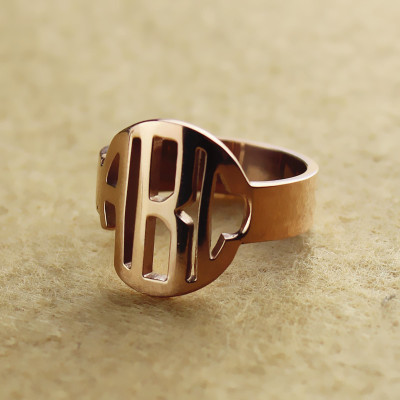 Personalised Circle Block Monogram 3 Initials Ring Solid Rose Gold Ring - The Name Jewellery™