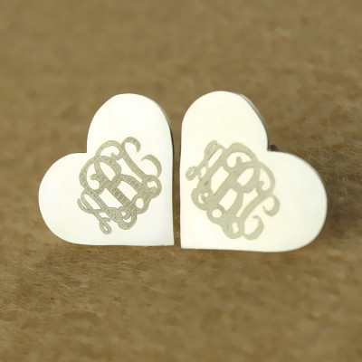 Heart Monogram Earrings Studs Cusotm 18ct White Gold Plated - The Name Jewellery™