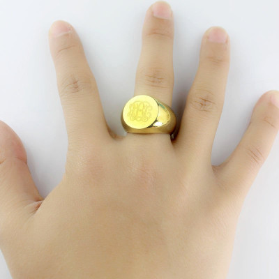 Engraved Circle Monogram Signet Ring 18ct Gold Plated - The Name Jewellery™