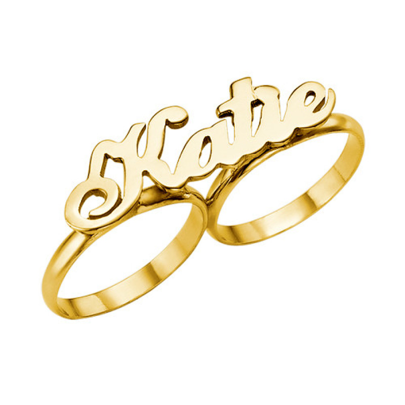 PERSONALIZED 14K YELLOW GOLD PLATED TWO 2 FINGER NAME RING /ANY NAME / ANY  SIZE | eBay