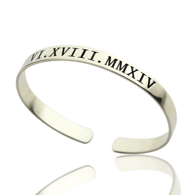 Personalised Roman Numeral Date Cuff Bracelet Sterling Silver - The Name Jewellery™
