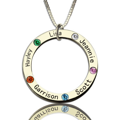 Mothers Family Circle Name Necklace Engraved Birthstone Silver - The Name Jewellery™