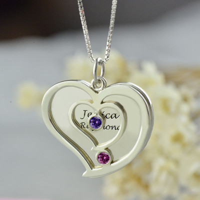 Personalised Couples Birthstone Heart Name Necklace - The Name Jewellery™