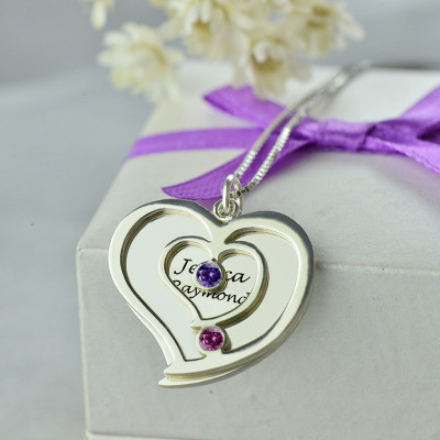 Personalised Couples Birthstone Heart Name Necklace - The Name Jewellery™