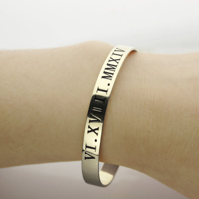 Personalised Roman Numeral Date Cuff Bracelet Sterling Silver - The Name Jewellery™