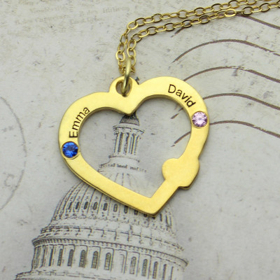 18ct Gold Open Heart Necklace with Double Name  Birthstone - The Name Jewellery™