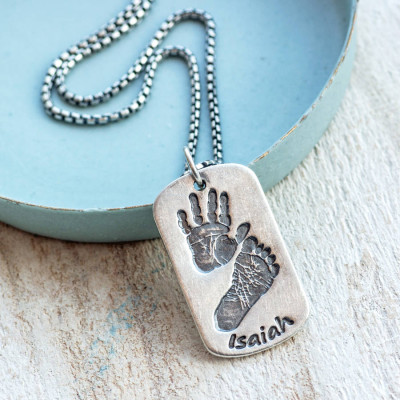 Footprint Handprint Personalised Mens Dog Tag Necklace - Two Pendants - The Name Jewellery™