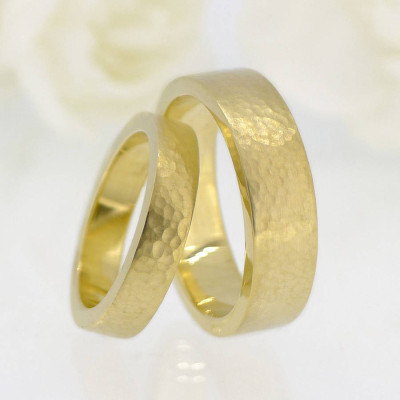 His And Hers Hammered Wedding Ring 18ct Gold Set - The Name Jewellery™