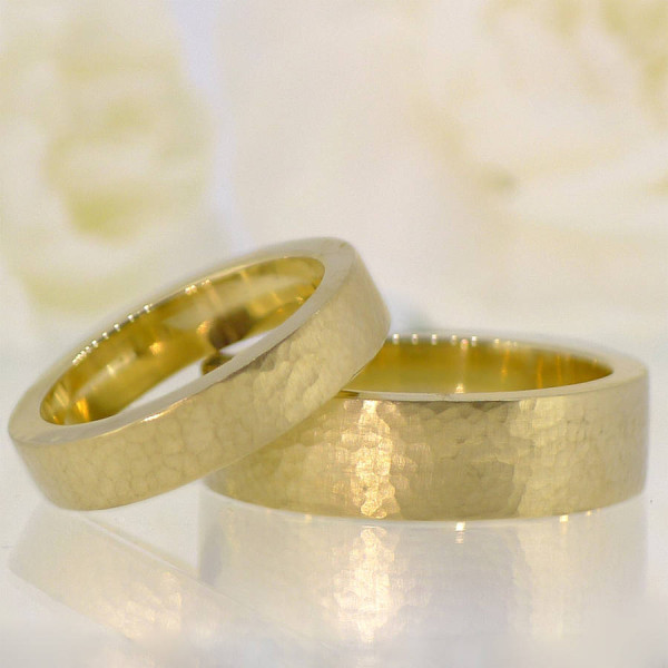 His And Hers Hammered Wedding Ring 18ct Gold Set - The Name Jewellery™