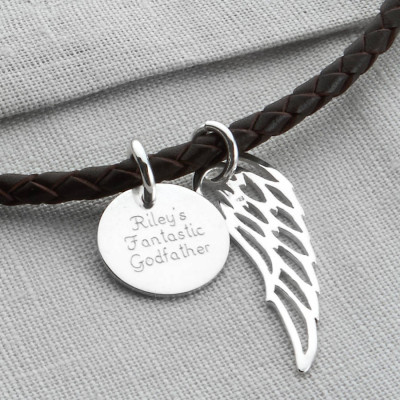 Personalised Silver Wing And Disc Leather Necklet - The Name Jewellery™