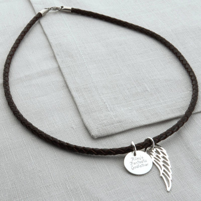 Personalised Silver Wing And Disc Leather Necklet - The Name Jewellery™