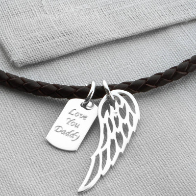 Personalised Silver Wing And Dogtag Leather Necklet - The Name Jewellery™