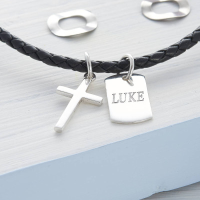 Personalised Silver Cross And Tag Leather Necklet - The Name Jewellery™