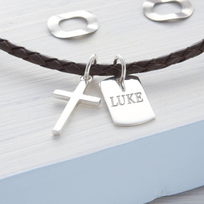 Personalised Silver Cross And Tag Leather Necklet - The Name Jewellery™